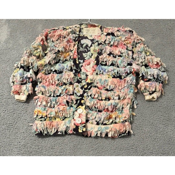PAULA SWEET Flannel Fur Multi color Floral Cardigan Size S Fringe - Picture 1 of 7